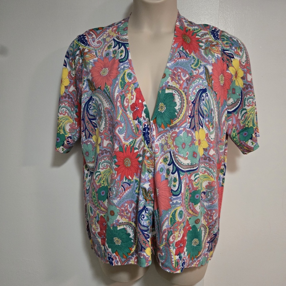 Talbots Plus 2X Cardigan Light Sweater Button Floral Paisley Short Sleeve NEW